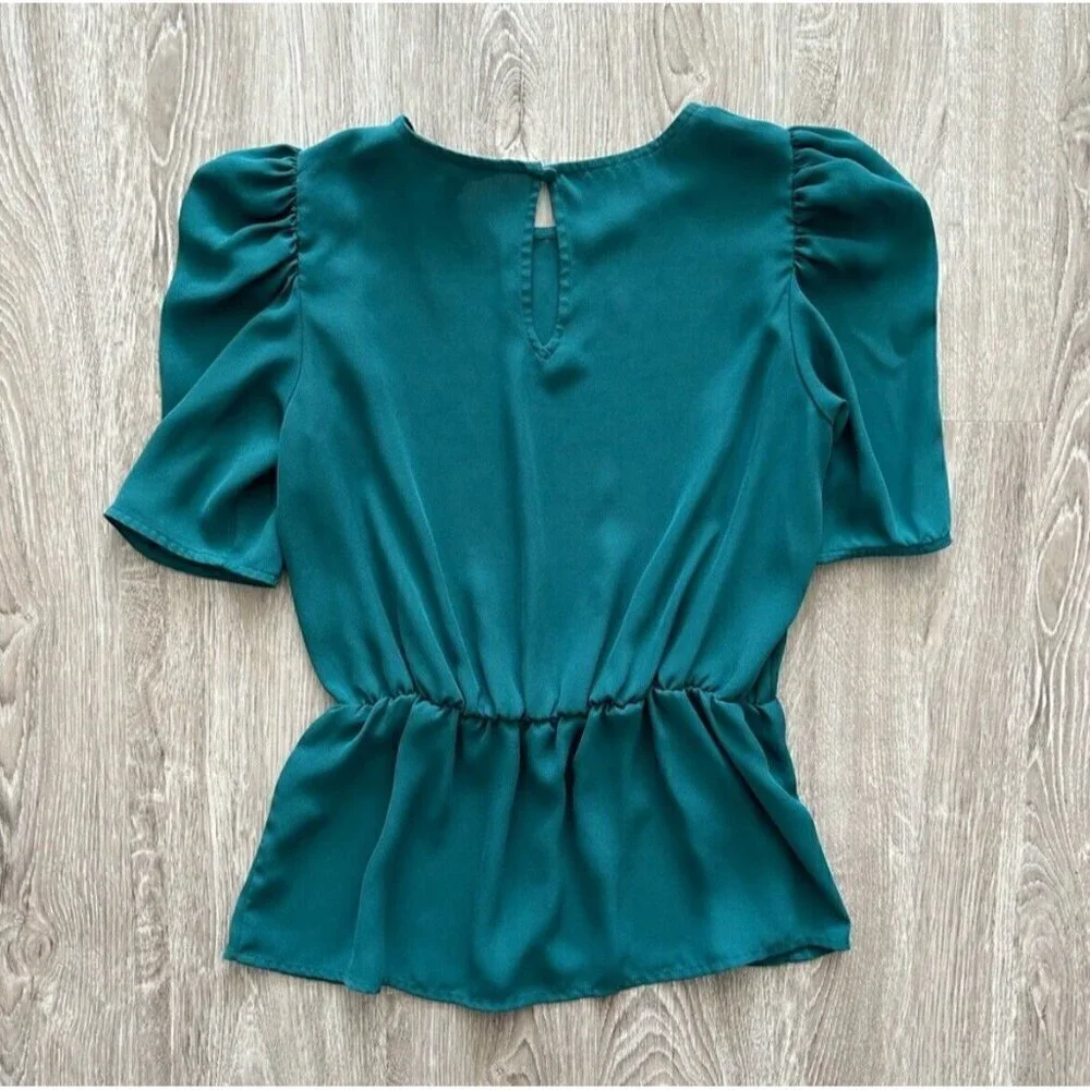 Banana Republic Peplum Blouse top XSMALL Teal Puff Sleeve